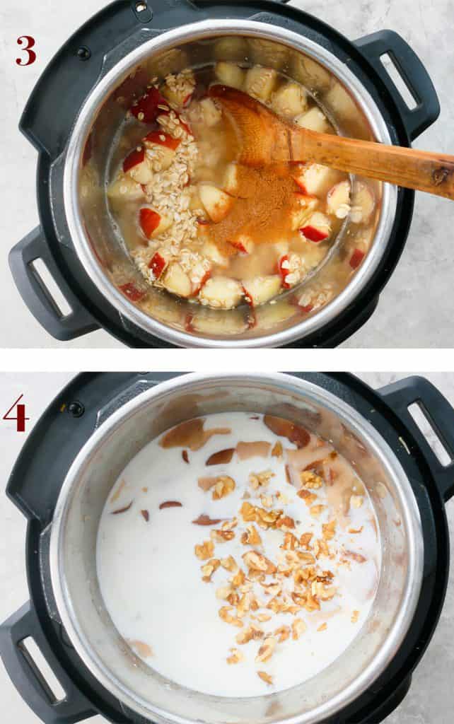 add water, milk, brown sugar and walnuts into the instant pot 