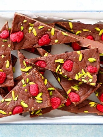 white metallic tray filled with Christmas chocolate fudge wedges.