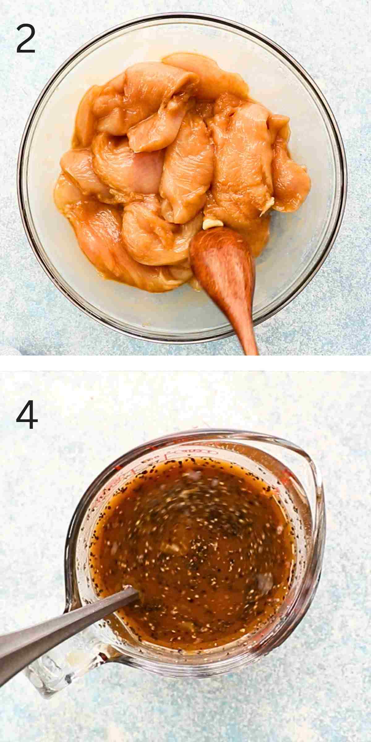 2 photo collage of prepping chicken and sauce for stir fry.