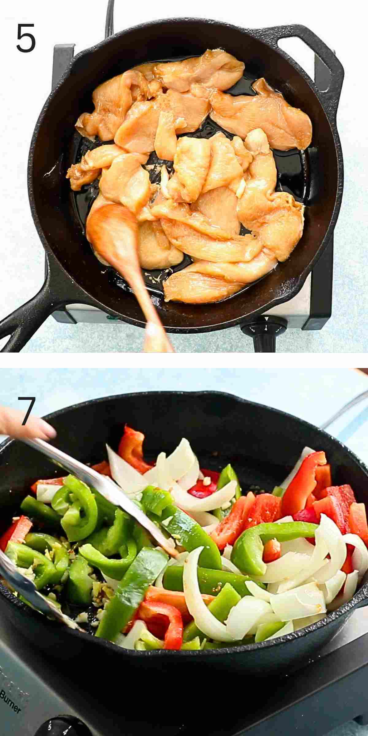2 photo collage of chicken and bell peppers cooing in a black skillet.