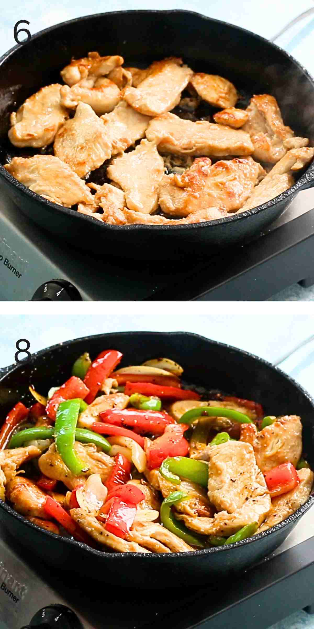 2 photo collage of chicken and bell peppers cooing in a black skillet.