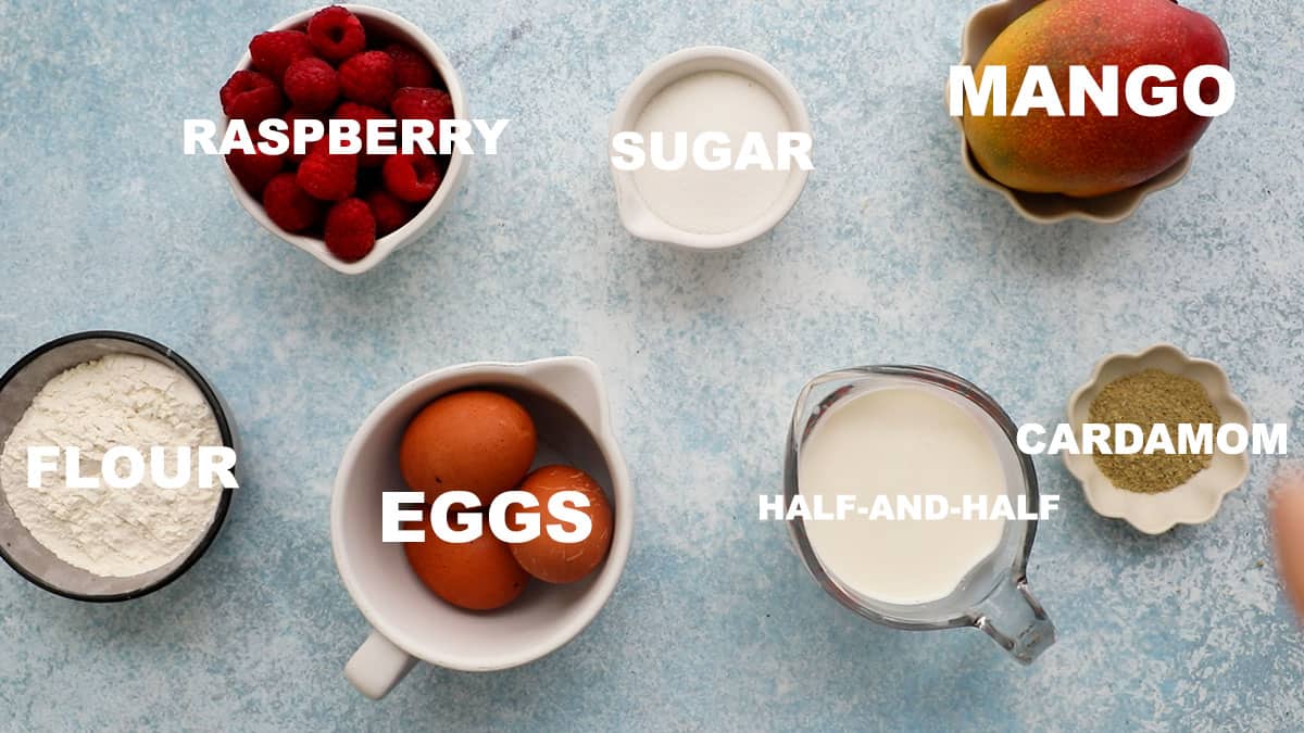 ingredients needed to make mango raspberry clafoutis.
