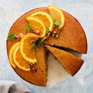 one round cake topped with orange slices.