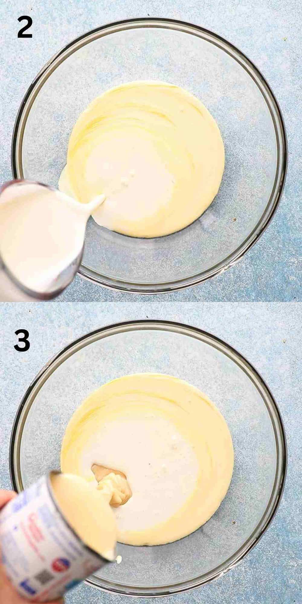 2 photo collage of pouring cream and condensed milk into a glass bowl.