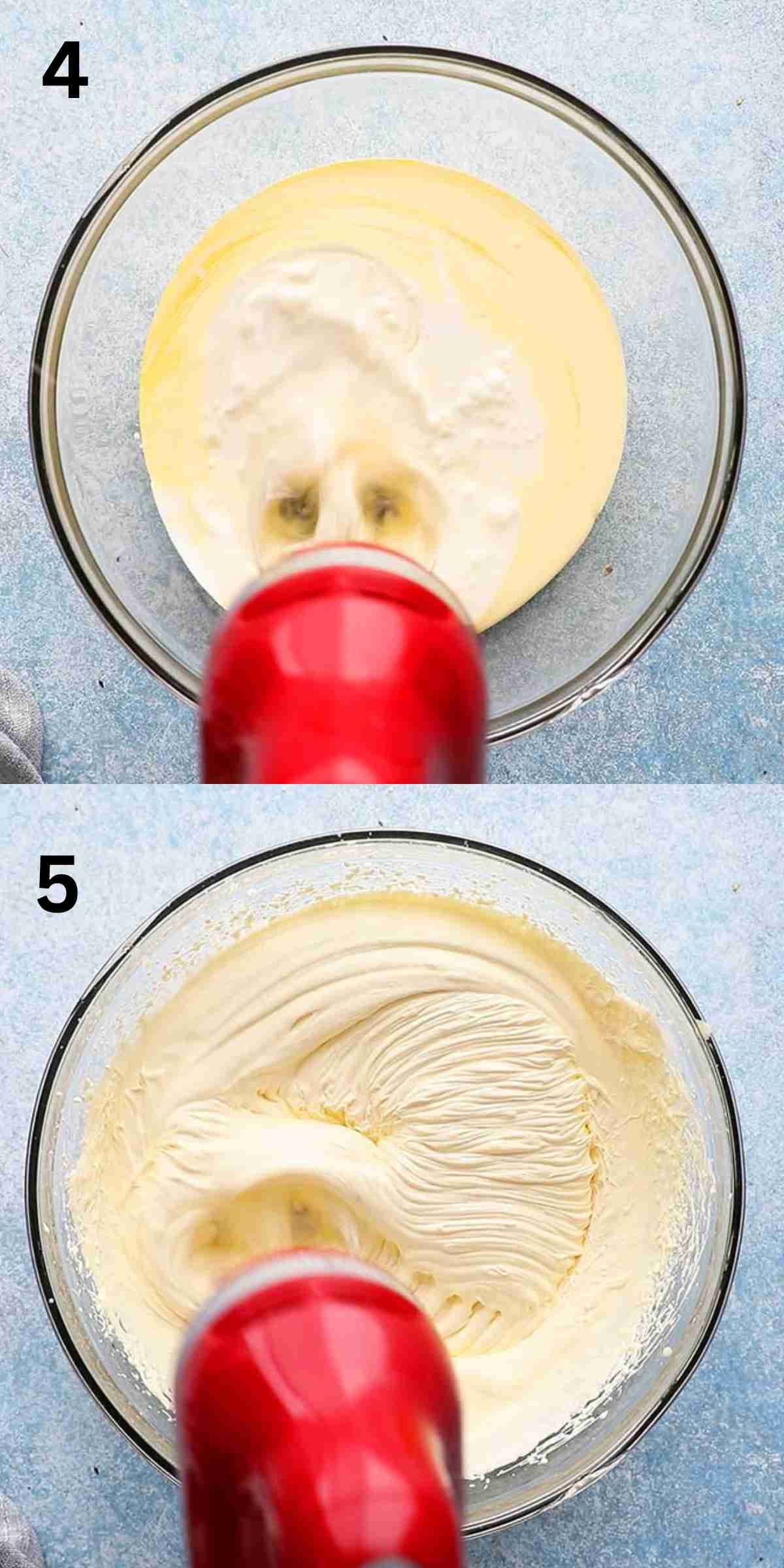 2 photo collage of beating cream in a glass bowl with red beater.