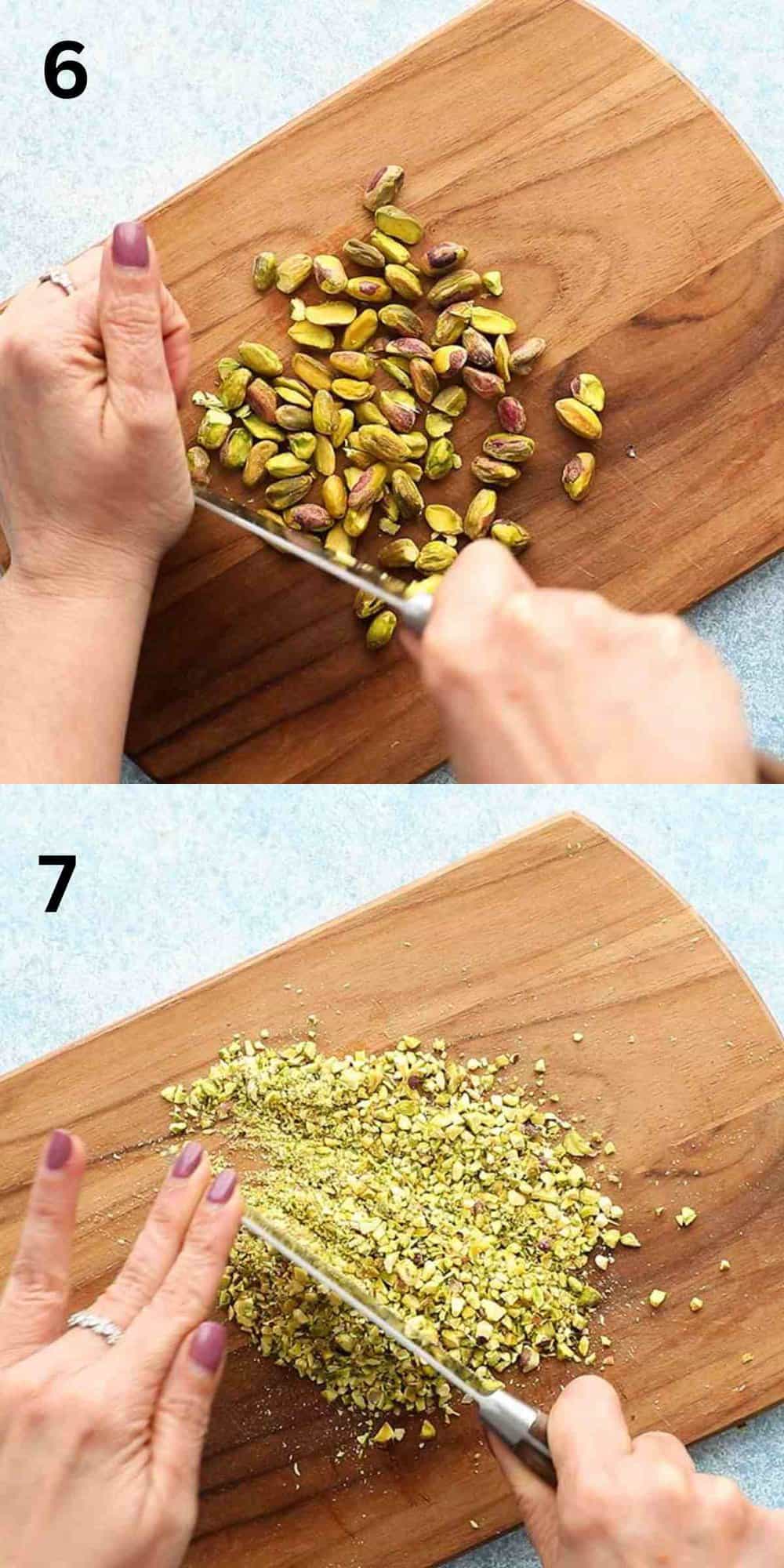 2 photo collage of two hands chopping pistachios on a wooden board. 