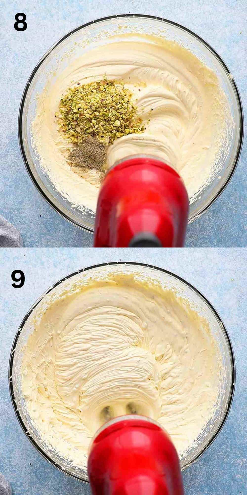 2 photo collage of beating kulfi ice cream in a glass bowl with red beater.