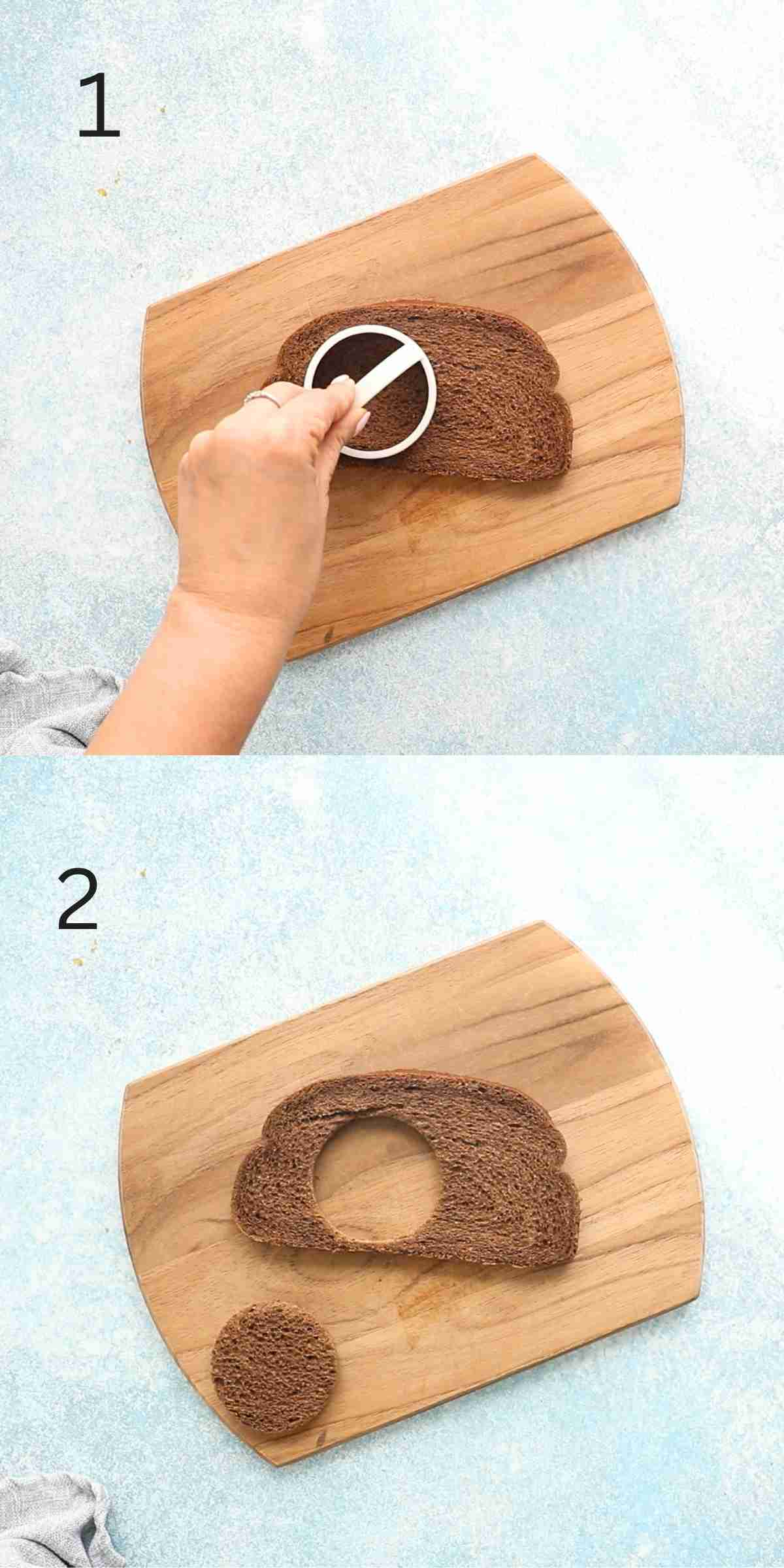 2 photo collage of a hand punching out a circle from a slice of bread using a cookie cutter.