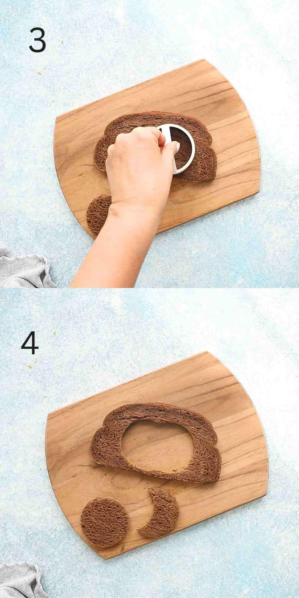 2 photo collage of a hand punching out a circle from a slice of bread using a cookie cutter.