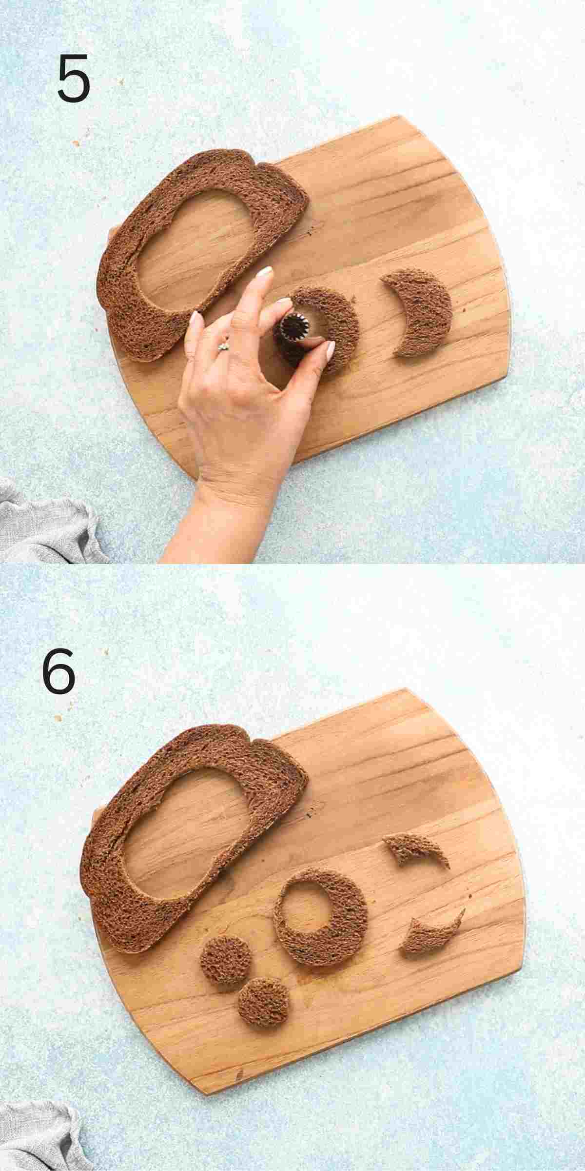 2 photo collage of a hand punching out shapes from a slice of bread.