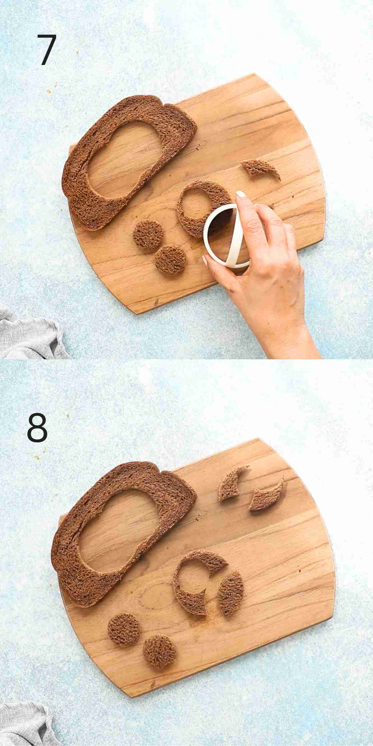 2 photo collage of a hand punching out shapes from a slice of bread.
