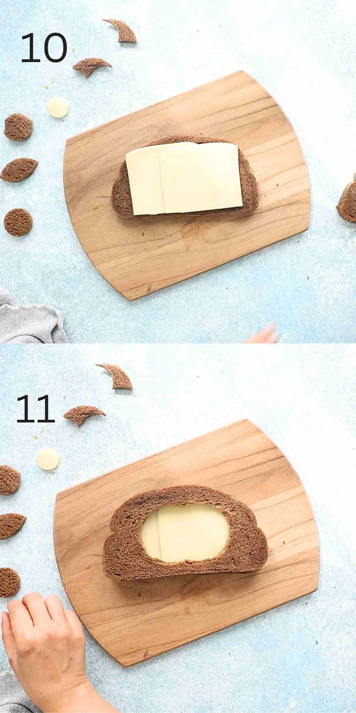 2 photo collage of assembling a grilled cheese sandwich.