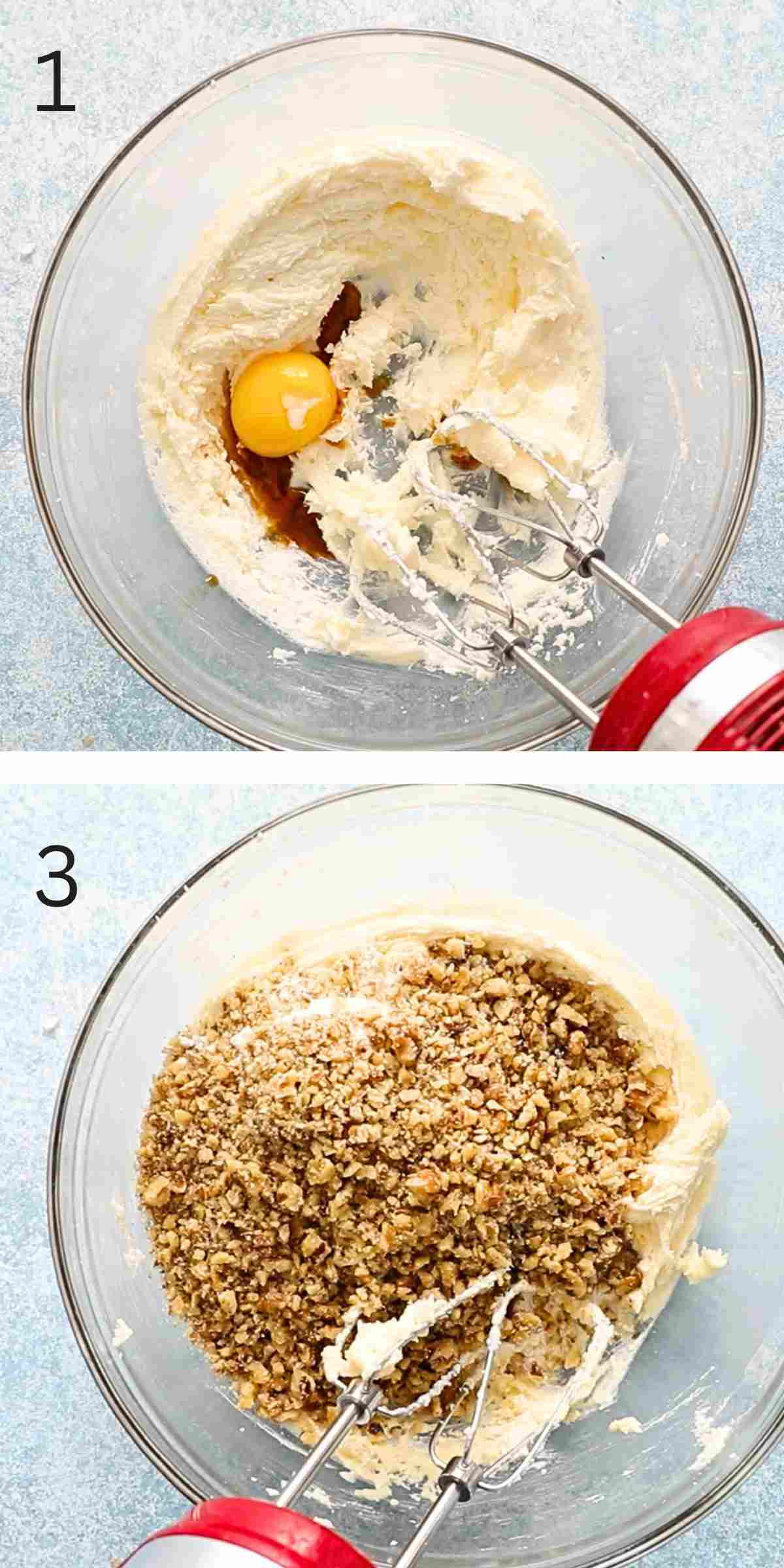 two photo collage of mixing cookie dough in a large glass bowl. 