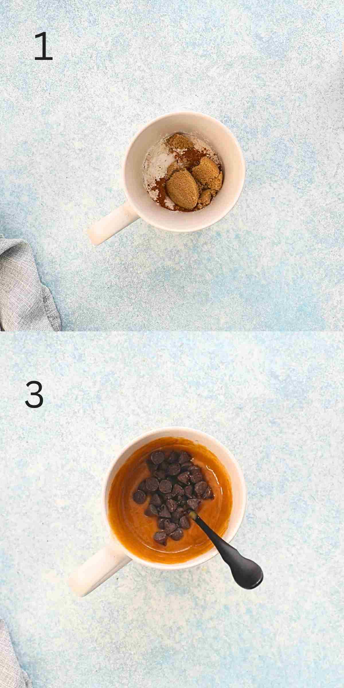2 photo collage of mixing ingredients in a white mug.