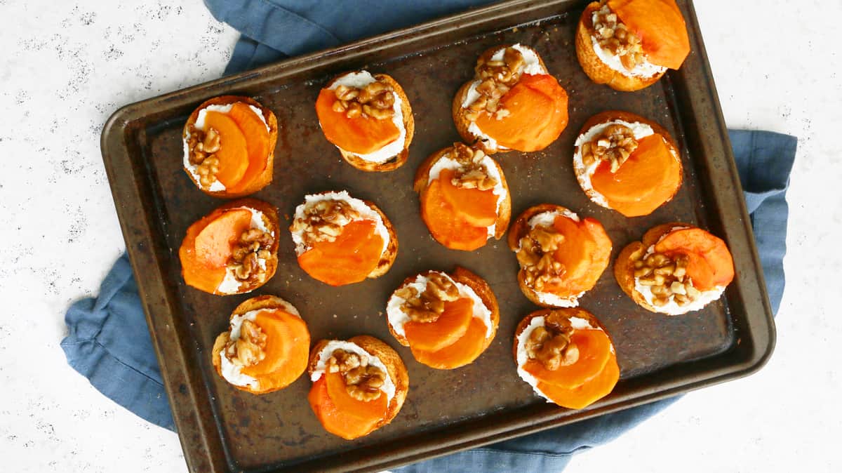 Candied Walnuts, Goat Cheese and Persimmon Crostini