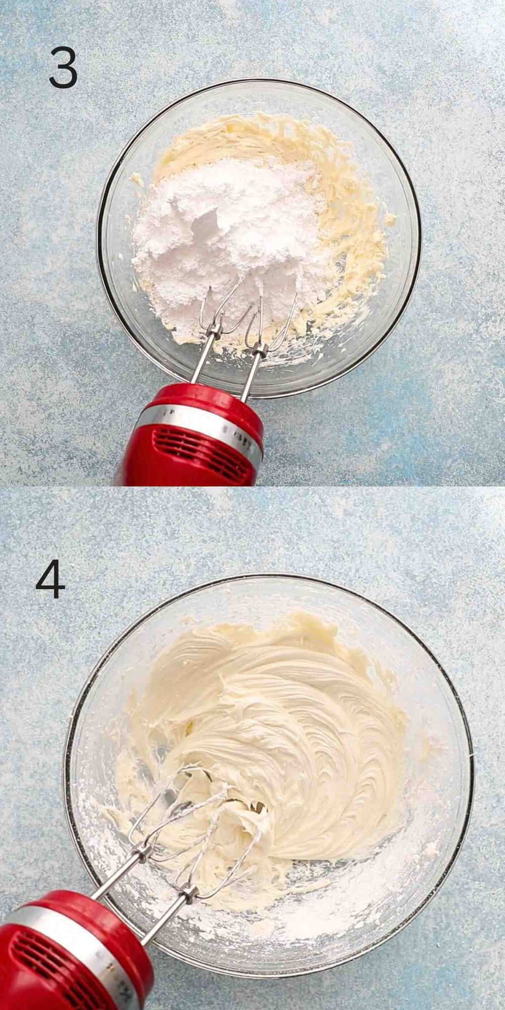 2 photo collage a red electric beater beater, beating cream cheese frosting in a glass bowl.