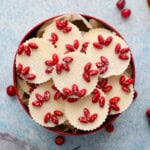 round white chocolate topped with red M&M candies.