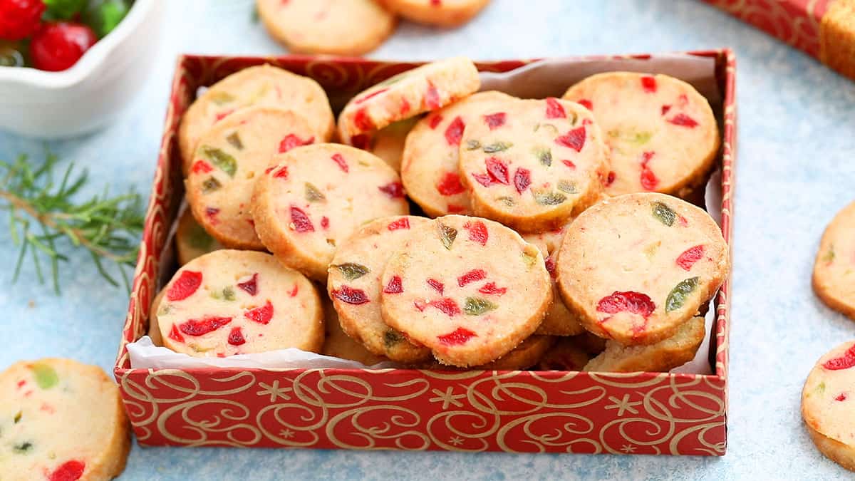 a red box filled with Christmas icebox cookies.