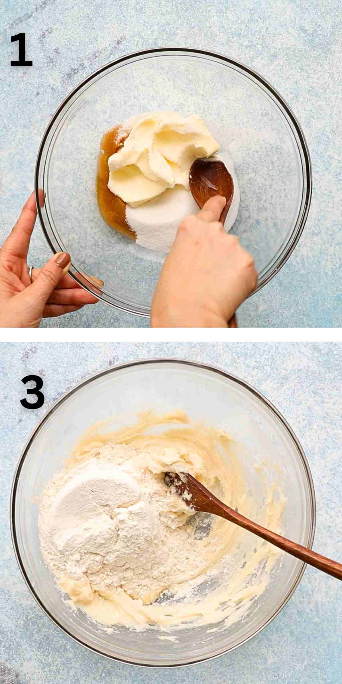 2 photo collage of making cookie dough in a glass bowl.