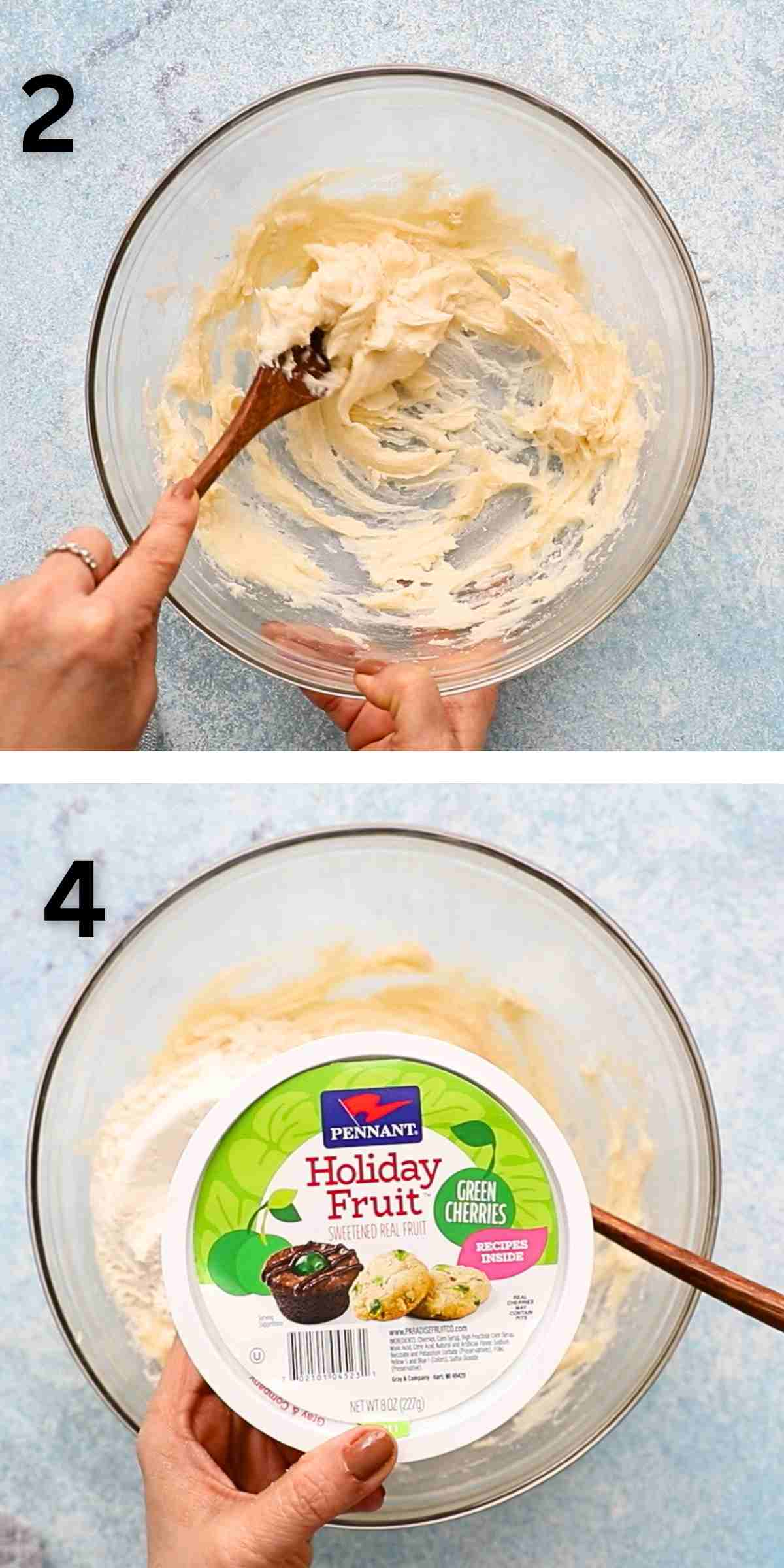 2 photo collage of making cookie dough in a glass bowl.