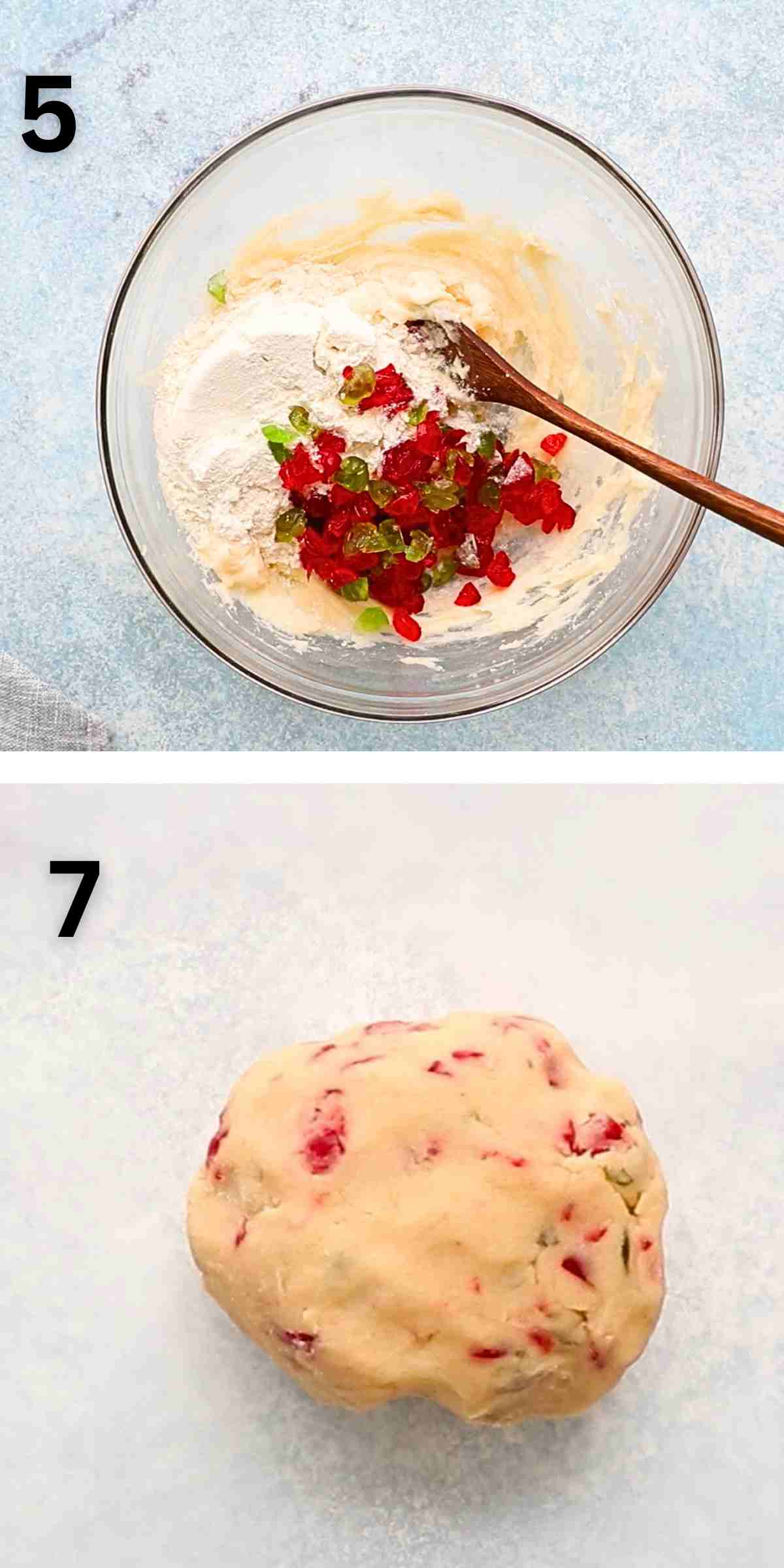2 photo collage of making cookie dough in a glass bowl.