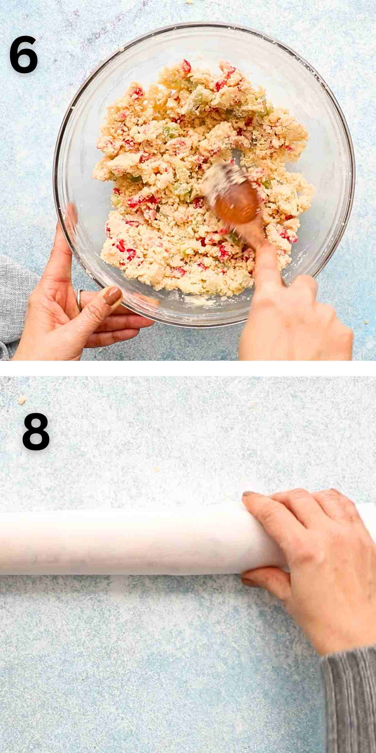 2 photo collage of making cookie dough in a glass bowl.