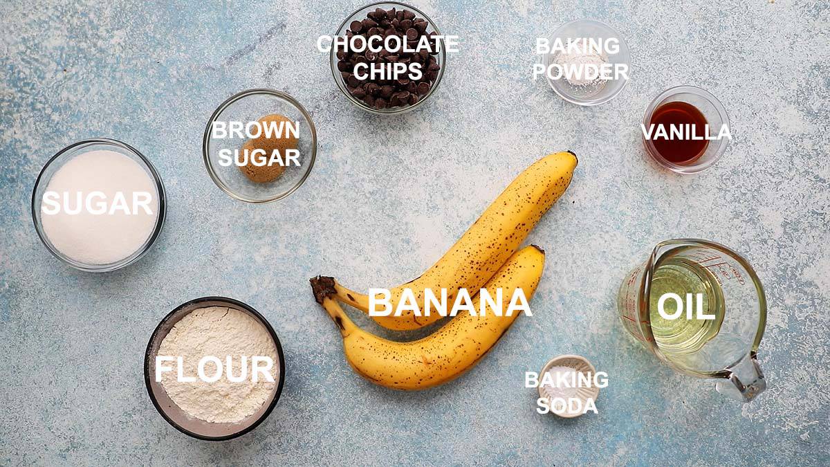 ingredients needed to make banana chocolate chip muffins.
