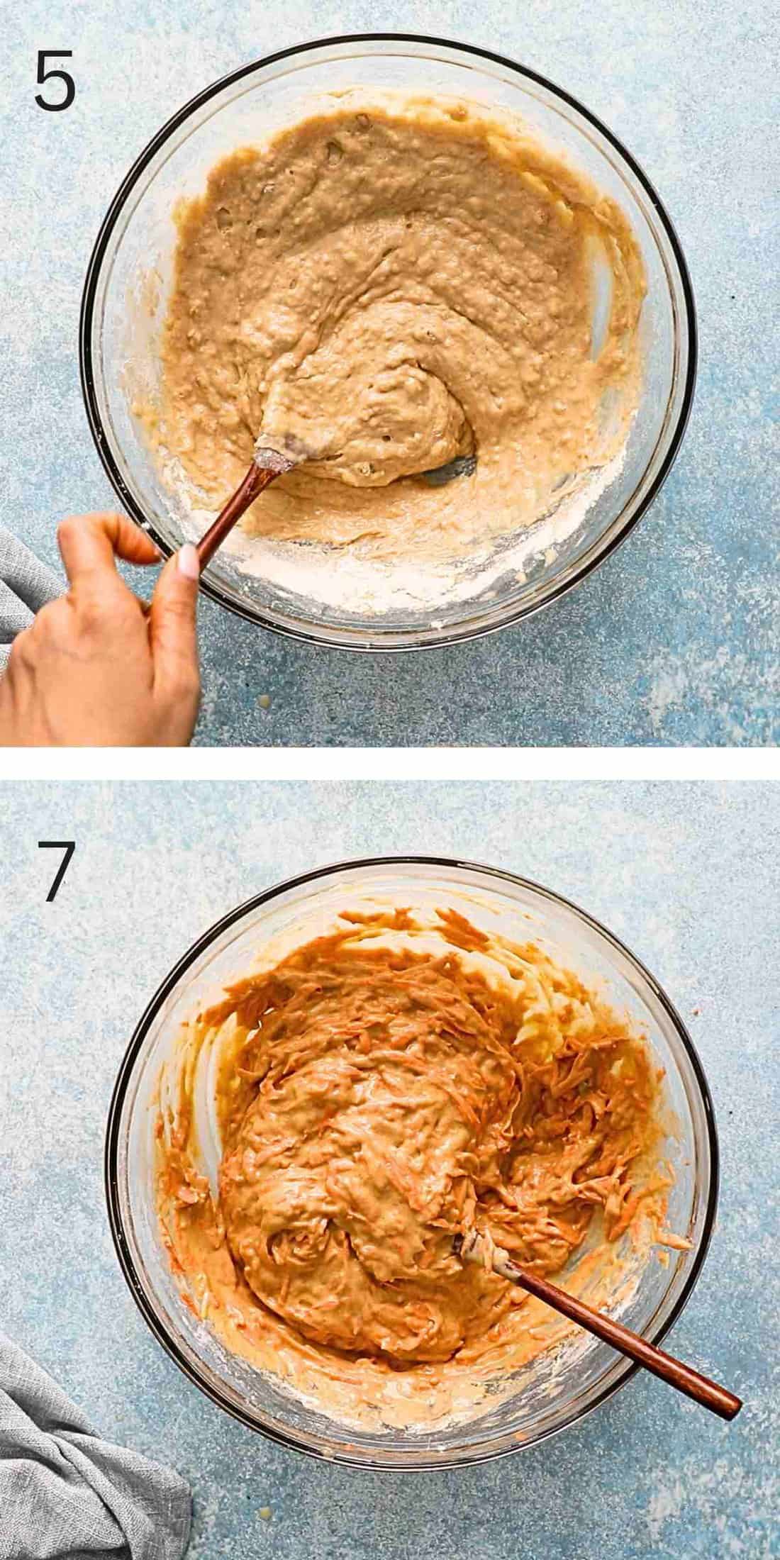 2 photo collage of a hand mixing muffin batter in a large glass bowl. 