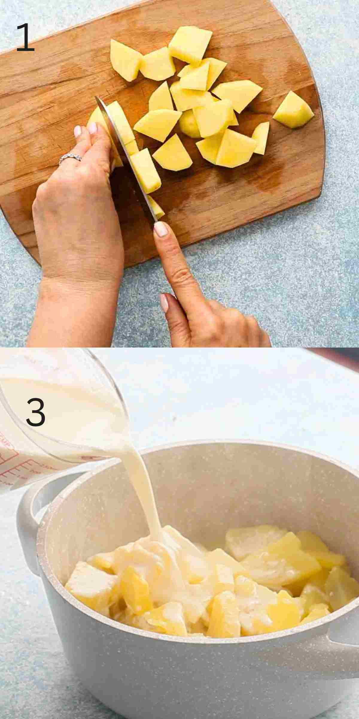 2 photo collage of a hand cutting potatoes and pouring milk into the pot.