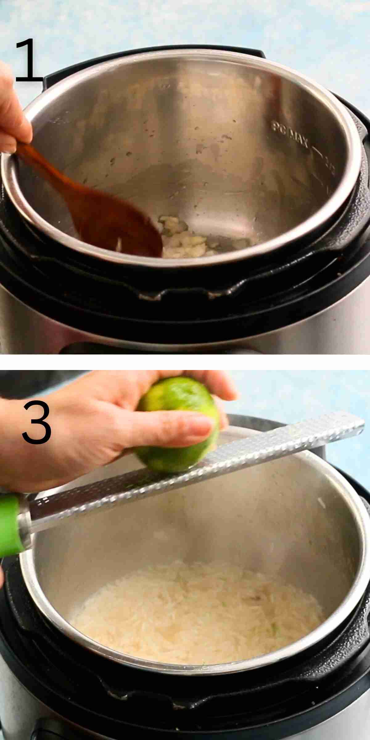 two photo collage of cooking cilantro lime rice in instant pot.