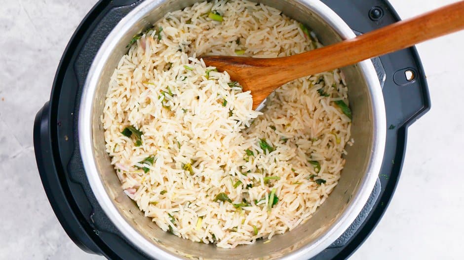 hot cooked lime rice with cilantro in instant pot.