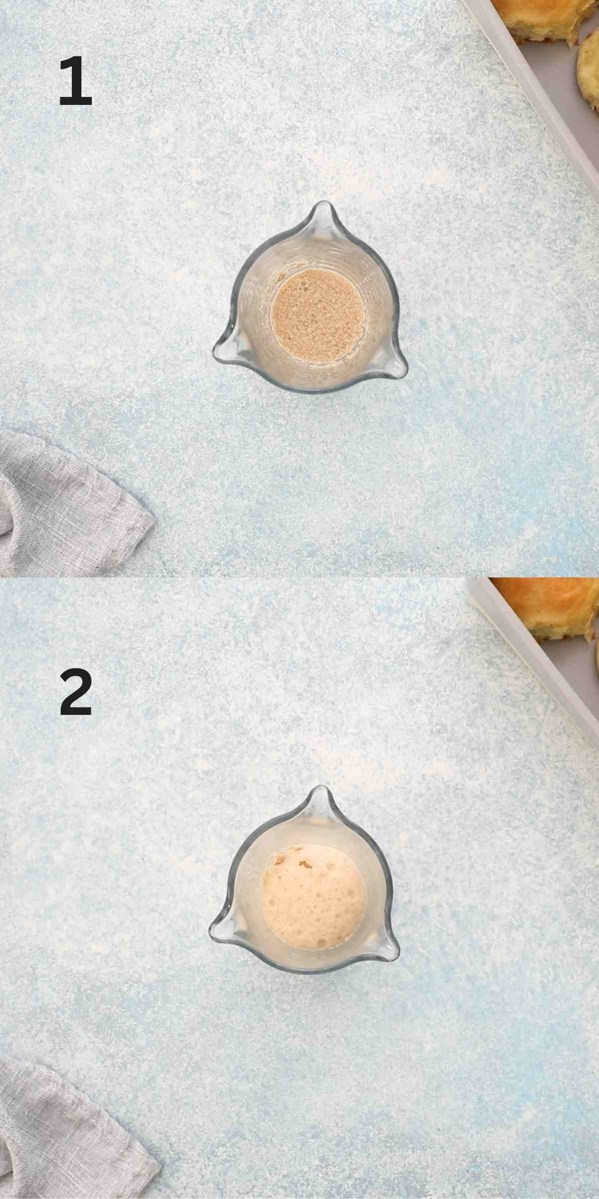 2 photo collage of yeast mixture blooming in a glass cup. 