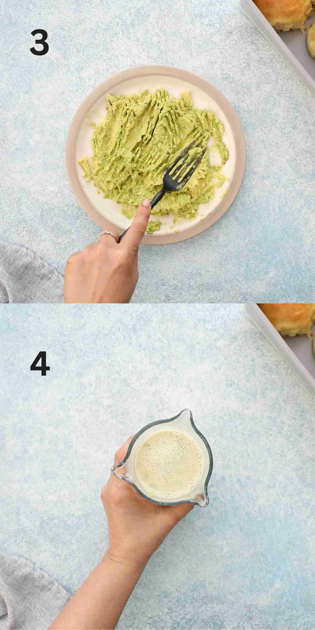 2 photo collage of a hand mashing avocado in a plate and mixing with a yeast mixture.
