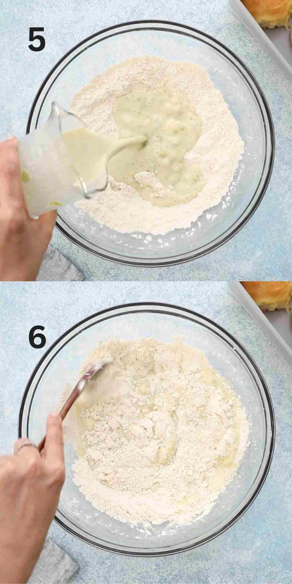 2 photo collage of a hand mixing yeast rolls dough in a glass bowl. 