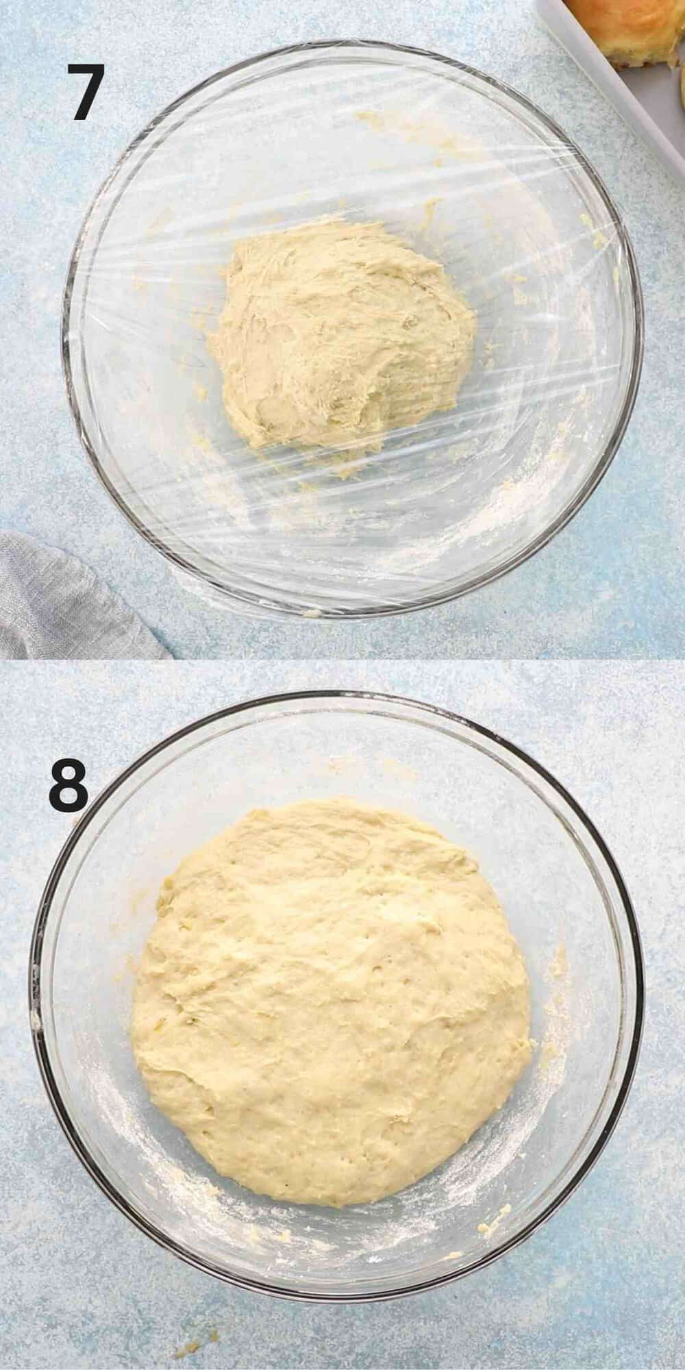 2 photo collage yeast dough rising in a glass bowl. 