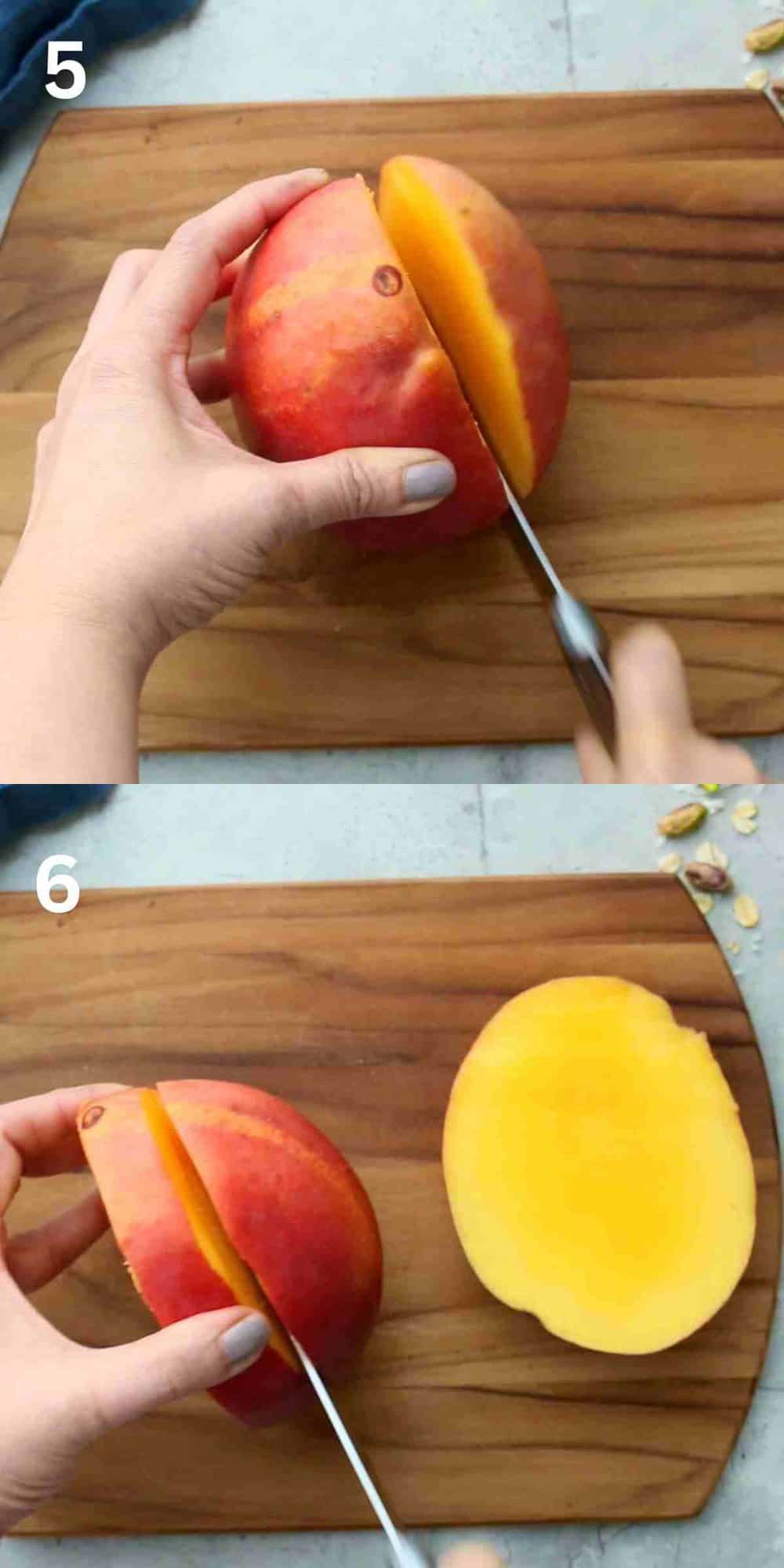 2 photo collage of two hands cutting one mango into 2 halves.