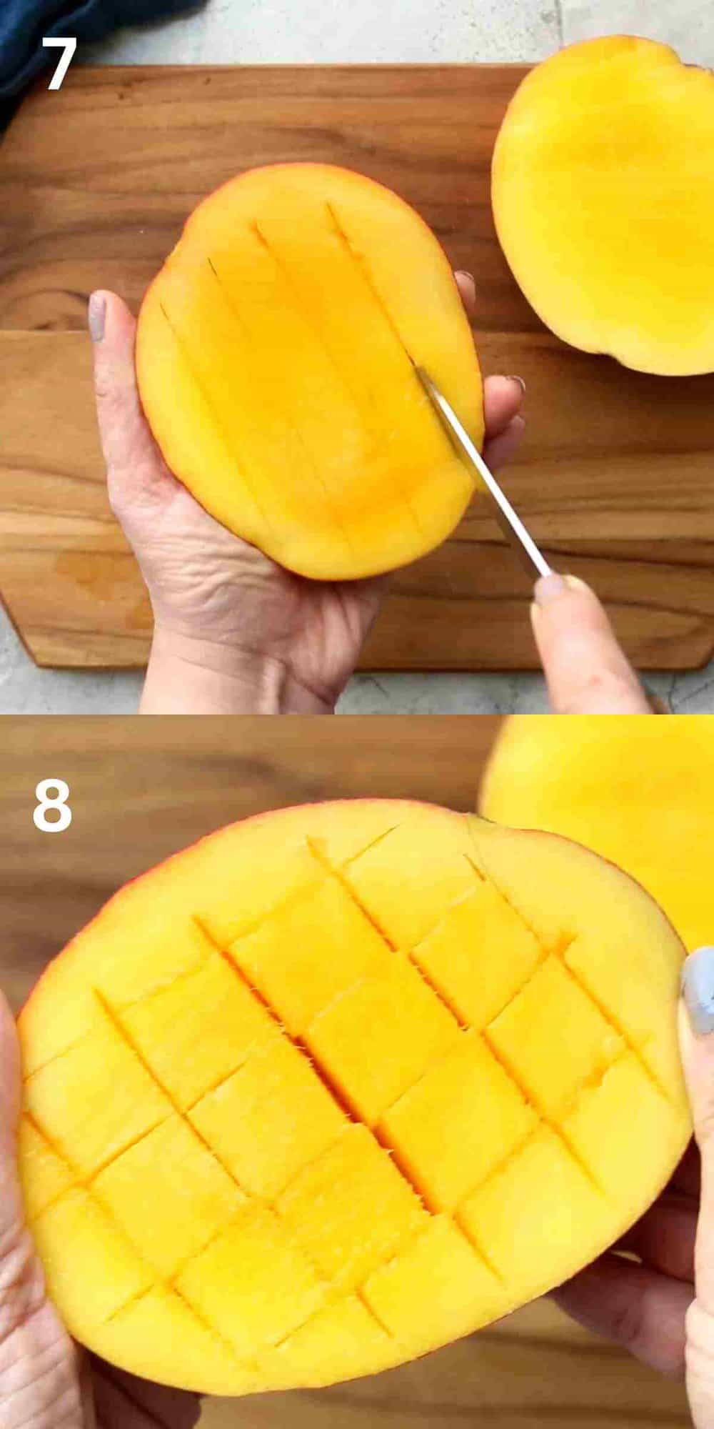 2 photo collage of 2 hands cutting one mango half.
