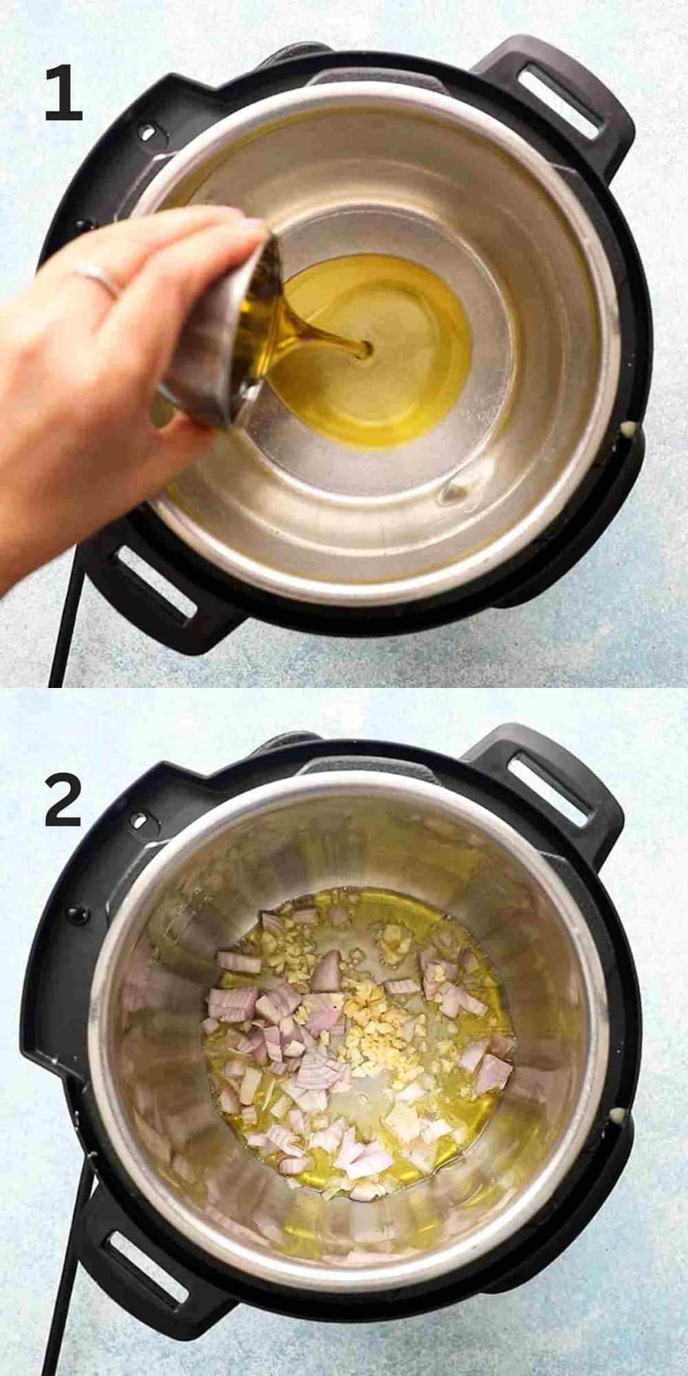2 photo collage of an instant pot with oil and aromatics cooking.