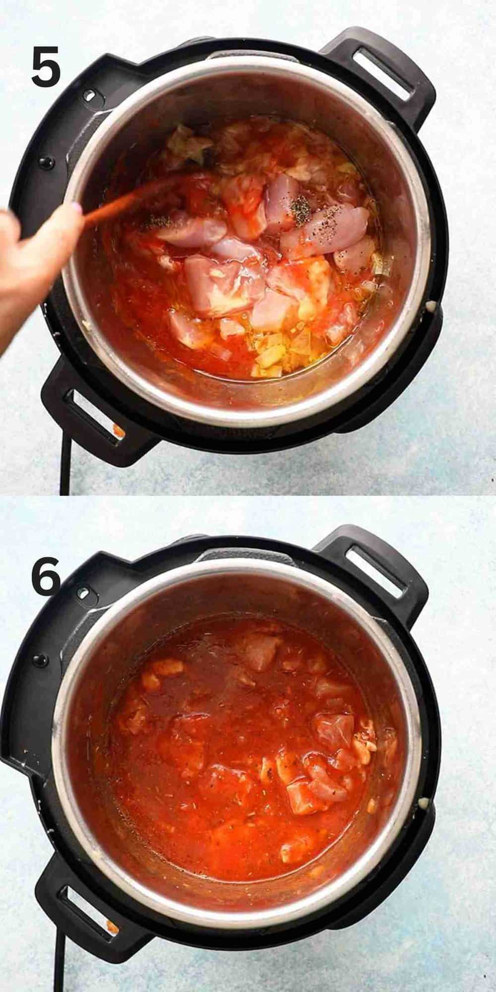 2 photo collage of stirring chicken and red sauce in an instant pot.