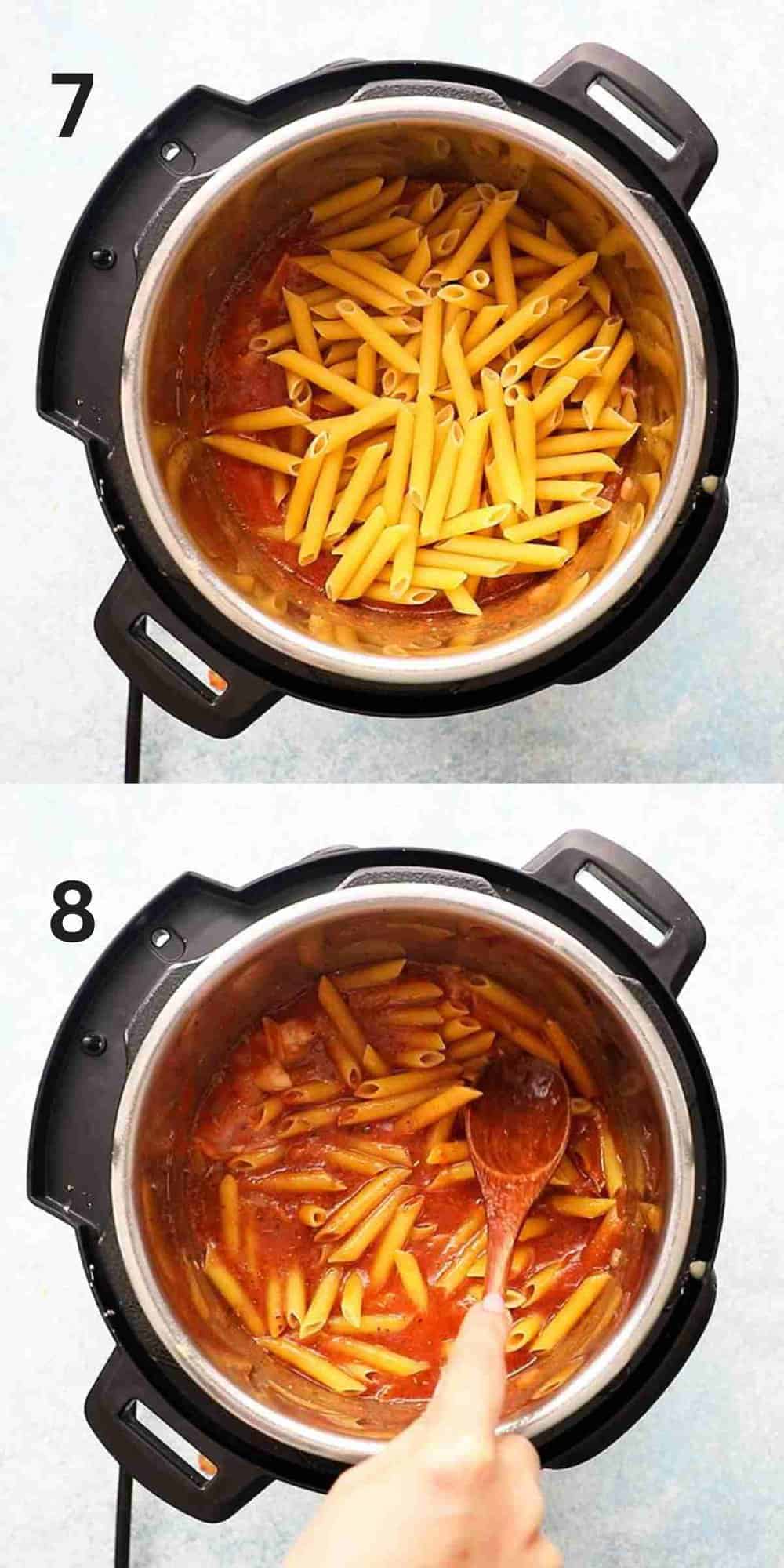 2 photo collage of an instant pot with raw pasta and red sauce.