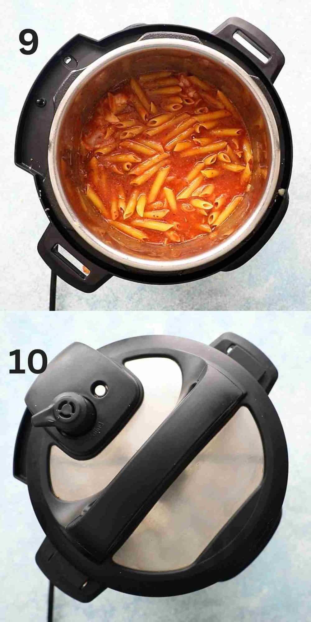 2 photo collage of pasta and sauce cooking in an instant pot.