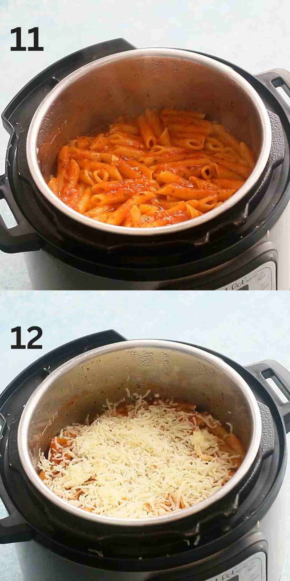 2 photo collage of an instant pot with cooked red pasta and topped with cheese.