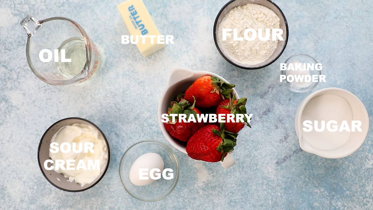 ingredients needed to make strawberry muffins.