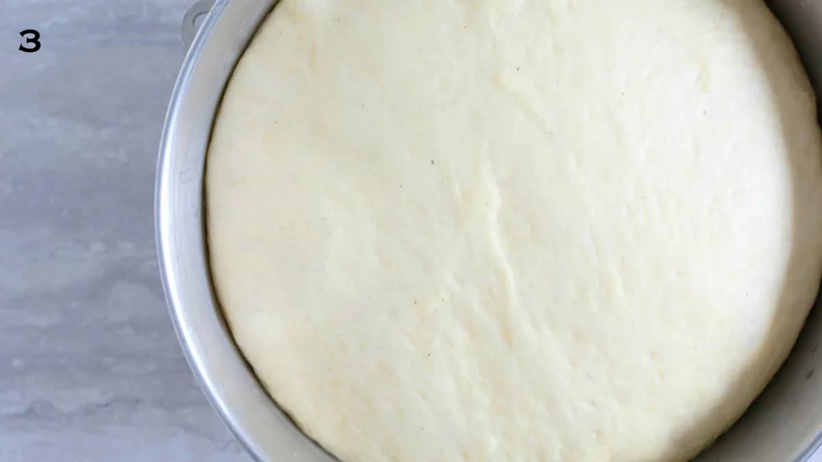 risen donut dough in a stainless steel bowl.