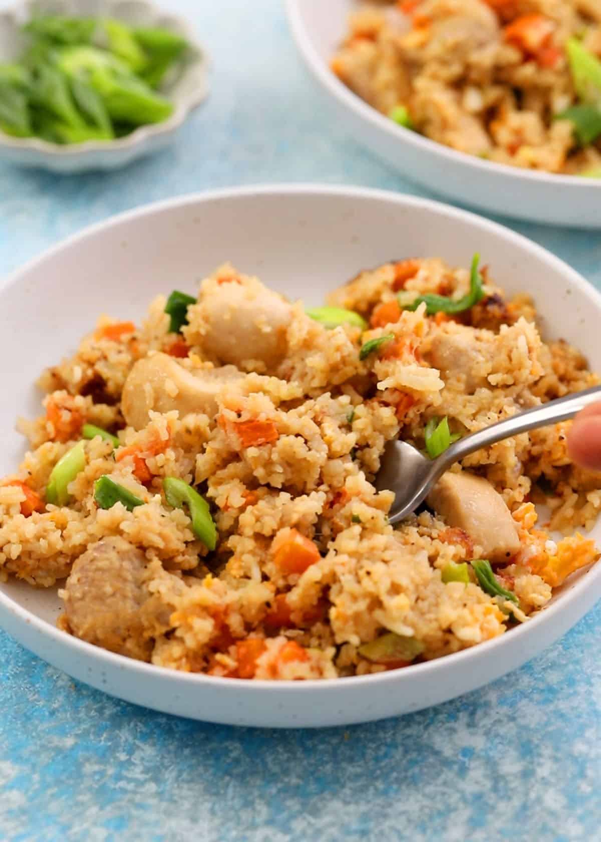 pressure cooked chicken fried rice in a white plate.