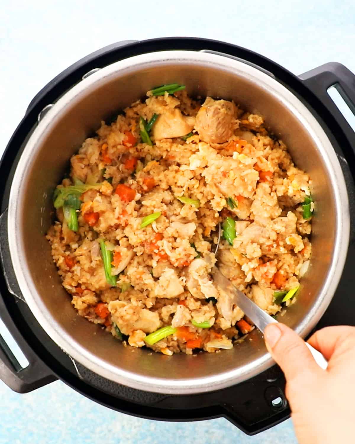 cooked chicken fried rice in an instant pot.