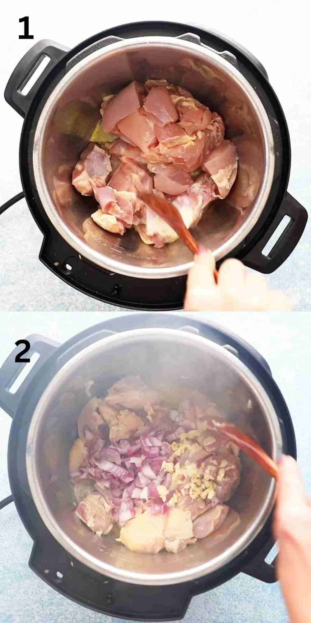 2 photo collage of cooking chicken in an instant pot.