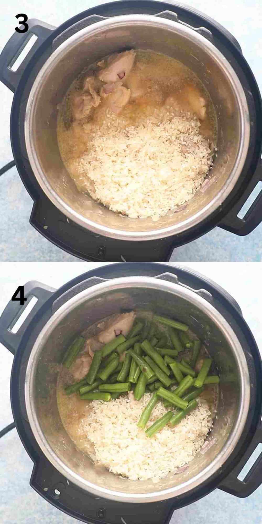 2 photo collage of adding rice and green beans into an instant pot.