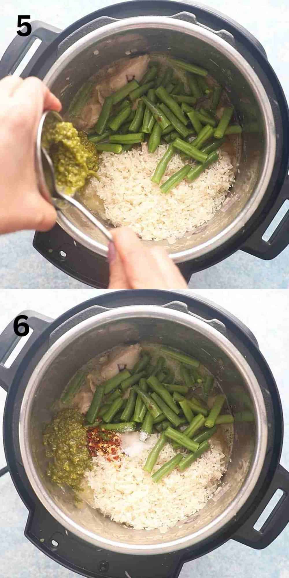 2 photo collage of adding pesto and other ingredients into an instant pot.