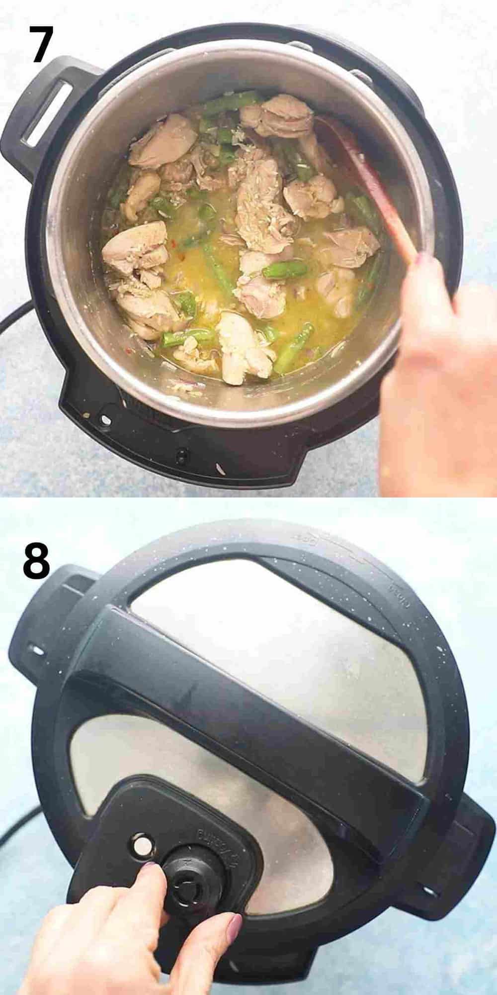 2 photo collage of stirring and closing an instant pot.